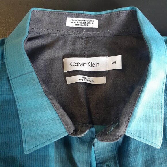 CALVIN KLEIN  SZ L Slim Fit 100% Cotton Blue Plaid LS Men's Button Up Shirt - Picture 3 of 16